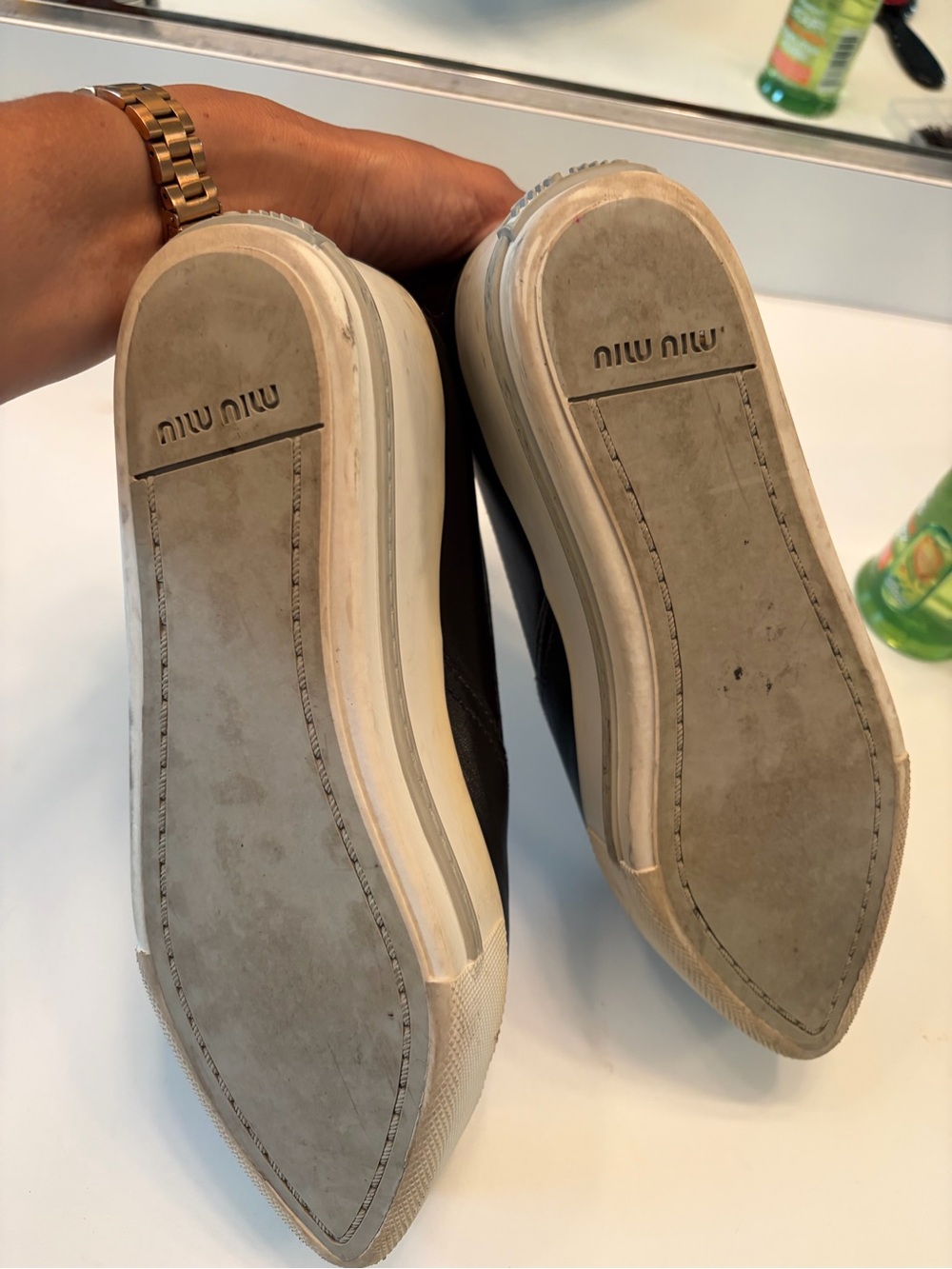 Miu Miu Black Leather Slip-On Platforn Sneakers with Silver Toe Cap - Picture 6 of 8